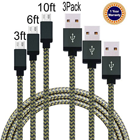 Jricoo Micro USB to USB Cable 2.0 3ft 6ft 10ft Nylon Braided Extremely Long USB Charging Cable for Android, Samsung Galaxy, HTC, Nokia, Huawei, Sony and Other Tablet Smartphone (gold and gray)