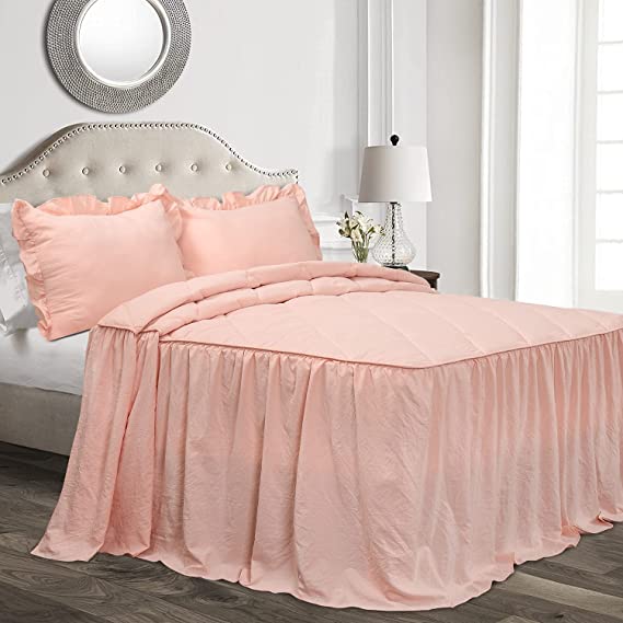 HIG 3 Piece Farmhouse Ruffled Skirt Bedspread Set King, Chic Peach Diamond Stitched Coverlet with 30" Drop Dust Ruffle, French Country Bedding Collections for Bedroom Decor, Washed Microfiber (Elain)