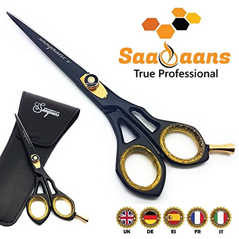 Saaqaans SQR-01 Professional Haircut Barber Scissor - Hairdressing Razor Shears 6 inches for Salon Hairdresser & Home Use for Stylish Hair Cutting with a Black Pouch (Black Barber Scissor)