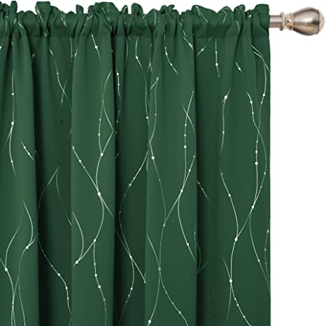 Deconovo Blackout Green Curtains Rod Pocket Drapes Wave Line and Dots Printed Bedroom Blackout Curtains for Kids Room 42 x 63 Inch Dark Forest 2 Panels