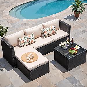 Greesum 3 Piece Patio Furniture Set Outdoor Wicker Rattan Sectional Sofa with Adjustable Seat, Soft Cushions & Coffee Table for Yard, Garden, Porch, Poolside, Beige