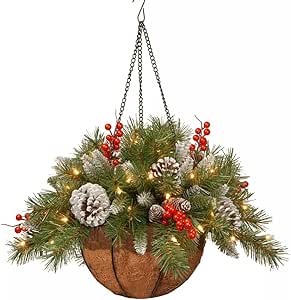 Artificial Christmas Hanging Basket with Frosted Pine Cones Branches, Berry Clusters Hanging Baskets Garlands Christmas Ornaments,Christmas Outdoor Decorations for Front Porch Garden Yard Xmas Decor