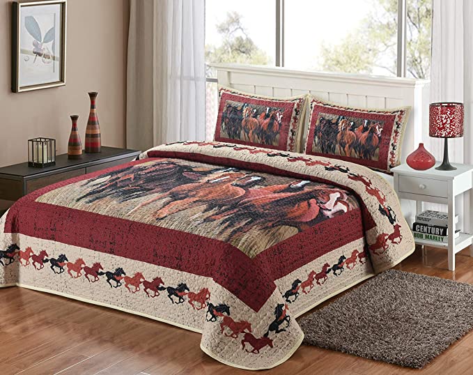 Running Wild Horses Quilt 3 Pieces King Quilt Set, King Quilt Blanket with 2 Pillow Shams, Lodge Ranch Cabin Forest Hunting Style Bedding 108" x 90"