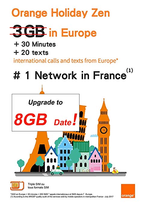 Orange Holiday Europe Prepaid SIM Card 8GB Internet Data in 4G/LTE (Data tethering Allowed)   30mn   200 Texts from Europe to Any Country Worldwide(8GB)- OLO Frog