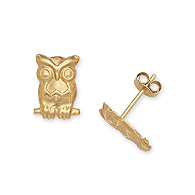 Solid 14k Yellow Gold Owl Friction-Back Post Earrings - JewelryWeb