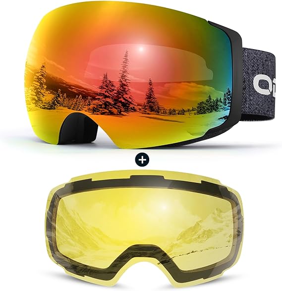 Odoland Magnetic Interchangeable Ski Goggles with 2 Lens, Large Spherical Frameless Snow Snowboard Goggles for Men Women