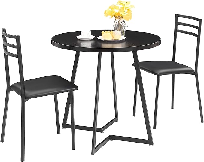 VECELO 3 Piece Kitchen Dining Room Set, Wood Round Table for Breakfast Nook Small Space, Dinette with 2 Cushioned Chairs, Matte Black