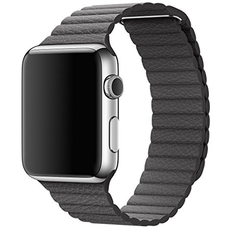 Apple Watch Band, Genuine Leather Loop Milanese Magnetic Loop Stainless Watch Band For Apple Watch (Leather Loop 42mm Gray)