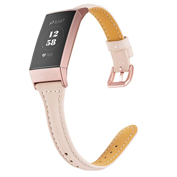 Wearlizer for Fitbit Charge 3 Strap Leather, Slim Leather Straps Replacement Wrist Band for Charge 3 with Pink Buckle