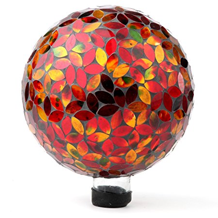 Lily's Home Glass Gazing Ball | Holographic Effect, Stunning Rainbow Color Reflection Effect, Mosaic Design, Red & Gold Petal Shape Mirrors, Attracts Good Fortune, Lovely Centerpiece, 10” Dia.