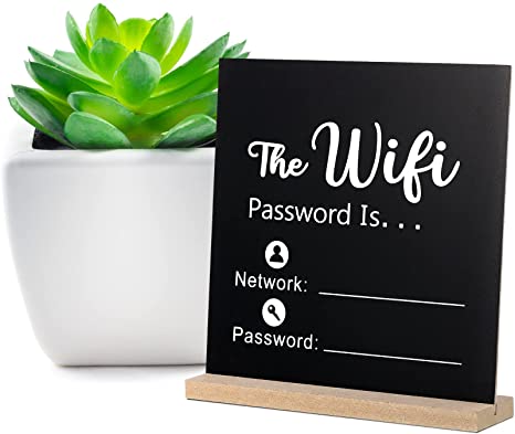 Wooden WiFi Sign Chalkboard Style WiFi Password Sign Board Freestanding Sign Centerpiece Decoration Wooden Framed Sign Hanging Board for Home or Business, 8.46 x 8.46 Inches (WiFi Password Style)