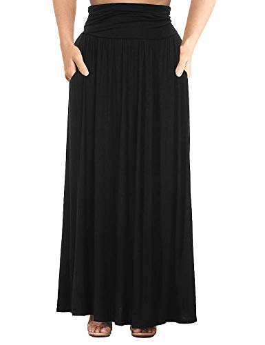 Allegrace Women's Plus Size Shirring High Waist Pleated Long Maxi Skirt with Pockets