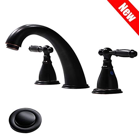 PHIESTINA Contemporary Stainless Steel Three Hole Lavatory Two Handle Oil Rubbed Bronze Widespread Bathroom Faucet,Hot and Cold Water Vessel Faucets With Matching Pop Up Drain, WF008-4-ORB