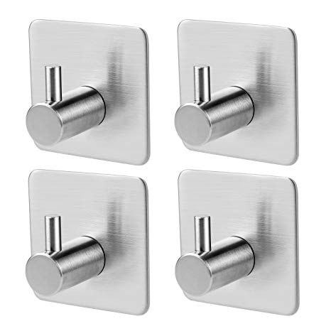 Self Adhesive Hooks,AOFU Round Towel Rail, Hat Towel Robe Coat Stick-up Stainless Steel Hanger for Kitchen Bathrooms Lavatory Closets, Water and Rust Proof Pack of 4