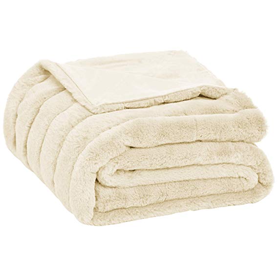 AmazonBasics Faux Fur Striped Throw Blanket - 50 x 60 Inch, Ivory