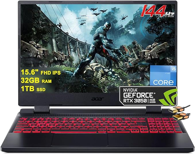 ACER Nitro 5 Gaming Laptop 15.6'' FHD IPS 144Hz Display 12th Gen Intel 12-Core i5-12500H (Beat i7-11800H) 32GB RAM 1TB SSD GeForce RTX 3050 4GB USB-C Win11   HDMI Cable