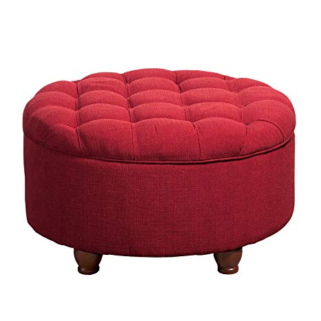 HomePop Upholstered Large Round Button Tufted Storage Ottoman with Removable Lid, Red
