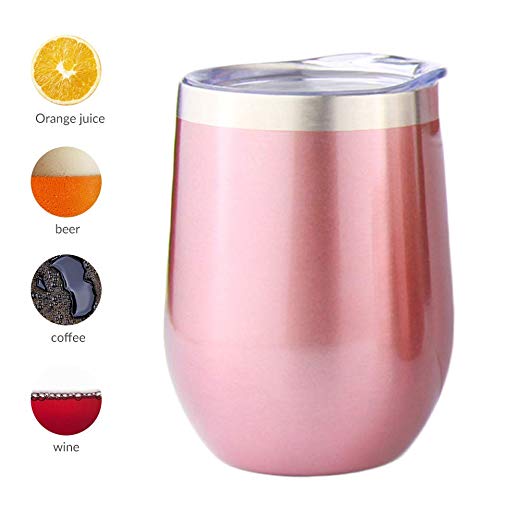 Sivaphe Wine Glasses Tumbler Stainless Steel, Camping Coffee Mug Double Walled Insulated Keep Cold Hot Drinking Frappe Cup with Lids Rose Pink(12OZ,350ML) Christmas Gifts