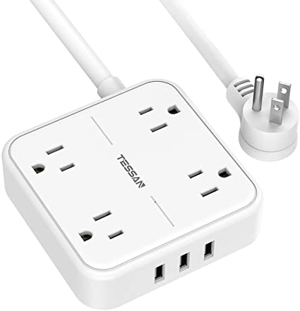 Flat Plug Power Strip with 3 USB Ports, TESSAN 4 Outlet Extension Cord Wall Mount Charging Station 5 ft Cord, Small Size for Home, Dorm Room Essentials, Office, White