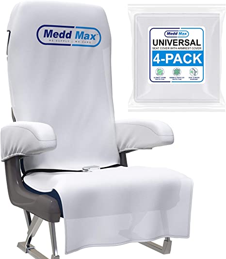 Medd Max Protective Airplane Seat Covers Disposable /Reusable & Armrest Covers – Eco-Friendly Disposable Seat Covers for Airplane, Train, Bus, Ride-Share Car, Fit Most Public Seating, White, Pack of 4