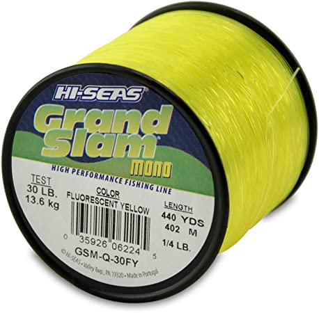 HI-SEAS Grand Slam Monofilament Fishing Line - Strong & Abrasion Resistant in Clear, Pink, Green, Smoke Blue, Fluorescent Yellow Freshwater & Saltwater – Quarter Pound Spool