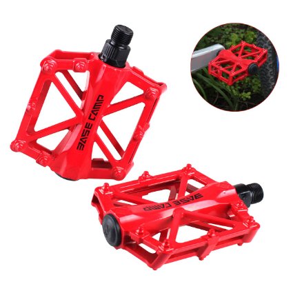 BASECAMP 1 pair of Pro Aluminum Alloy Bike Pedals Light Stable Robust Fashionable Safe Flat Platform for Road Mountain Bike Cycling Race Bicycle MTB Color Red