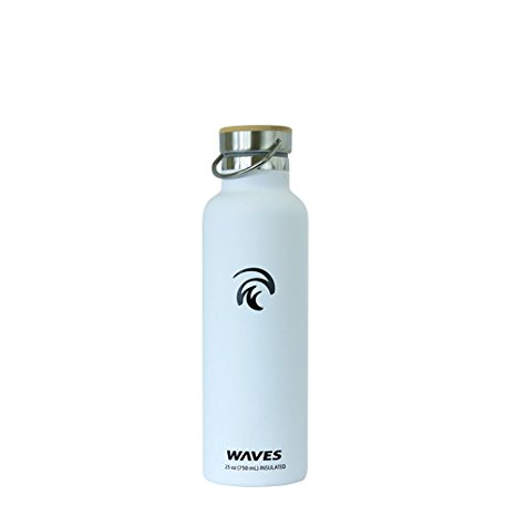 Waves Gear Dual Pane Stainless Steel Insulated Water Bottle, 24 Hours Cold, 12 Hours Hot, 1 Liter, 34 Oz Capacity with Bamboo Cap