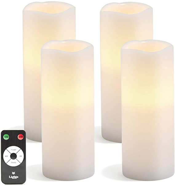 Large Flameless Candles with Remote - 3x8 Inch White Pillars, Set of 4, Warm White Flickering LED Light, Battery Operated, Real Wax, Spring Decor - Remote Control with Timer Included