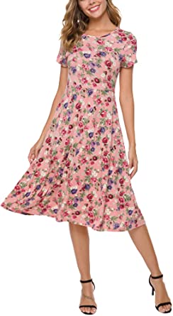 Urban CoCo Women's Floral Print Short Sleeve Flared Midi Dress