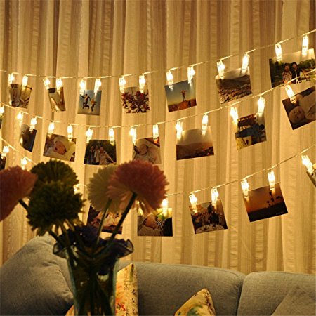Photo clip string lights,Aenmil 5 M 40 LEDs Decor Lights Batteries Powered Safe convenient perfect for Indoor Outdoor Christmas Valentine's Day Hanging Photos Cards and Artwork warm-white