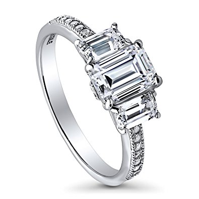 BERRICLE Rhodium Plated Sterling Silver Cubic Zirconia CZ 3-Stone Promise Engagement Ring