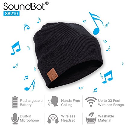 SoundBot SB210 HD Stereo Bluetooth 4.1 Wireless Smart Beanie Headset Musical Knit Headphone Speaker Hat Speakerphone Cap,Built-in Mic (BLK/BLK)