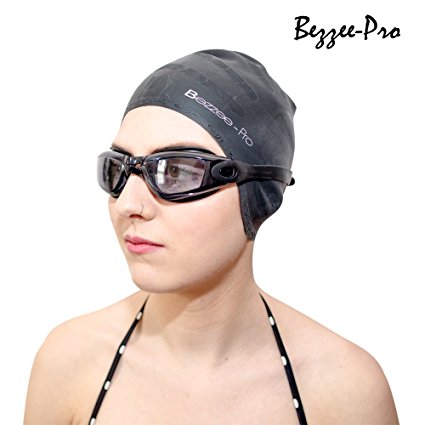 Bezzee-Pro Adult Men Women Long Hair Silicone Swim Cap with Swimming Earplugs and Nose Clips, Black