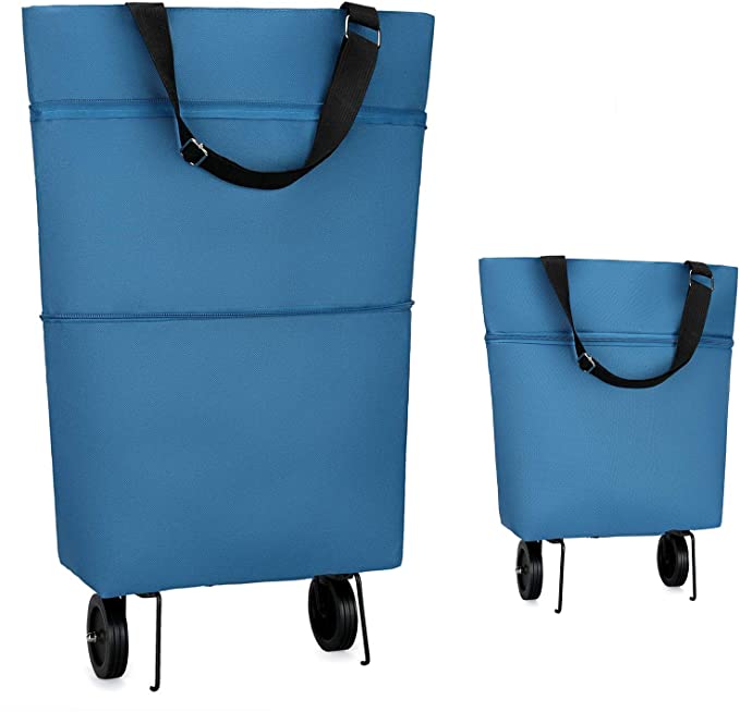 Reusable Grocery Bags with Wheels COCOCKA Foldable Shopping Bags Large Capacity Produce Bags for Grocery for Shopping,Fruits,Vegetables,Grocery Cart Waterproof interior（Blue）