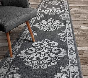 Custom Length Hallway Carpet Runner Rug, Slip Resistant, 26 Inch Wide X Your Choice of Length, Floral Grey, 26 Inch X 12 Feet, Sold and Priced Per Foot