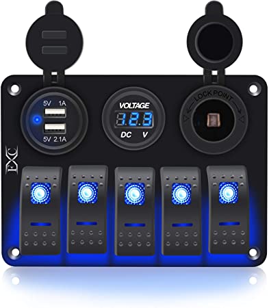 FXC Waterproof Marine Boat Rocker Switch Aluminum Panel 3 Gang with Dual USB Slot Socket 3.1A   Volt Meter Blue LED Light for Car Rv Vehicles Truck (KG0149-5B Blue)