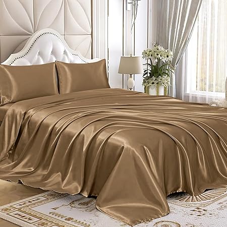 Homiest 4pcs Satin Sheets Set Luxury Silky Satin Bedding Set with Deep Pocket, 1 Fitted Sheet   1 Flat Sheet   2 Pillowcases (King Size, Camel Brown)