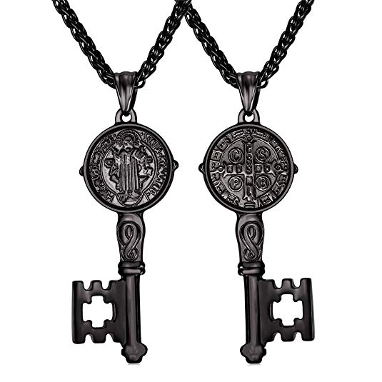 U7 Saint Benedict Medal Key Pendant with 22 Inch Resizable Chain Unisex Necklace