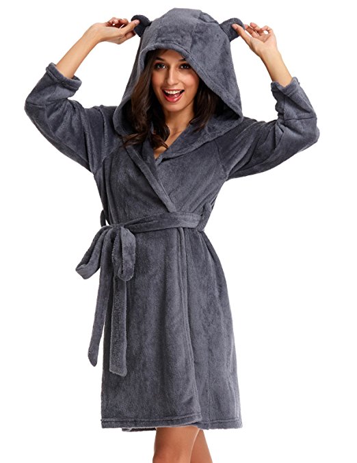 Zexxxy Women Flannel Short Robe Warm Cute Hooded Pyjama With Waist Belt