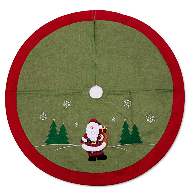 iPEGTOP 42" Christmas Tree Skirt - Xmas Tree Skirt Holiday Decoration Rustic Woodland Santa & Snowflake - Olive Green with Red Rim