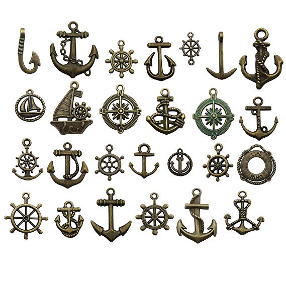 Nautical Charm Collection-50 Pcs Craft Supplies Nautical Ship Wheel Anchor Charms Pendants for Crafting, Jewelry Findings Making Accessory For DIY Necklace Bracelet (Antique Bronze Nautical Charm)