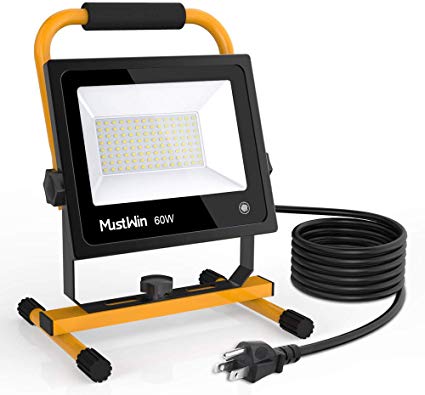 MustWin 6000LM 60W LED Work Light (450W Equivalent) IP65 Waterproof Unlimited Dimmable Flood Light Touch Switch Stand 16ft/5M Cord with Plug for Construction Site, Jetty, Workshop 5000K Daylight White