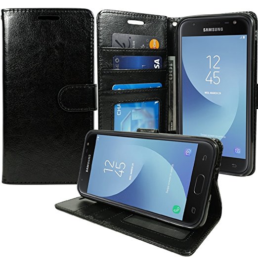 Samsung J7 V Case, Galaxy J7 Prime, J7 Perx, J7 Sky Pro Wallet Pouch Folio PU Leather Case w/[Kickstand] Card Slot For Galaxy J7 (2017), J7V, J7 Perx, J7 Sky Pro by Zase (Solid Black)