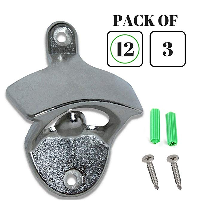 Wall Mounted Bottle Openers | 12 PACK   24 Screws   24 Screw Anchors | Professional Restaurant Quality Beer Cap Remover