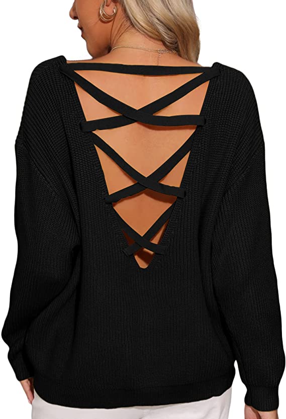 ACEVOG Women's Criss Cross V Neck Casual Sweater Knitted Loose Long Sleeve Backless Fashion Pullover Sweaters