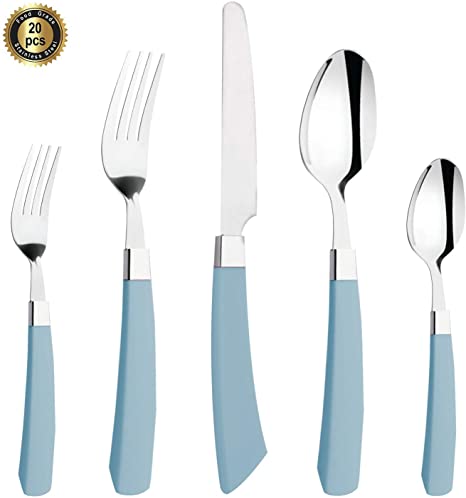 HF HOFTEN Silverware Set, 20 Piece Stainless Steel Flatware Set With Plastic Handle Include Fork Spoon Knife for Daily Use and Party, Service for 4, Safe in Dishwasher(HA268-BU3)