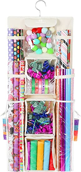 Freegrace Double Sided Hanging Gift Wrap Organizer | Large 16" x 41" Wrapping Paper Rolls Storage Bag | Tearproof & Space Saving Closet Gift Bag Organization Solution (Beige)