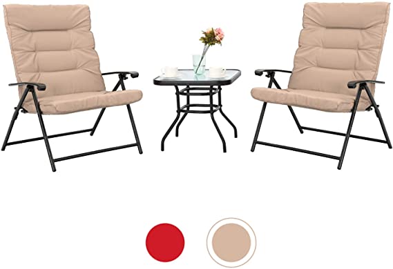 Sophia & William Padded Folding Bistro Set 3 PCS Adjustable Patio Reclining Lounge Chairs Outdoor Furniture, Beige