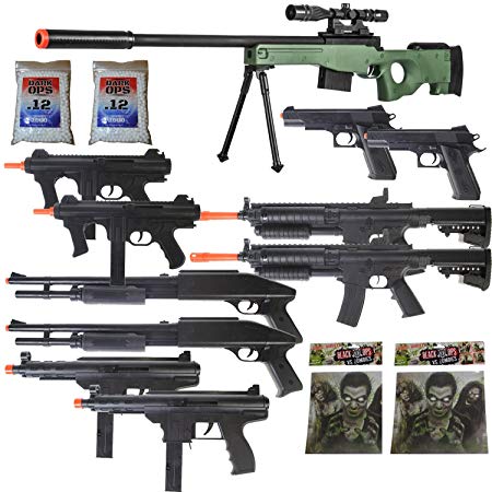 Dark Ops Airsoft 11 Gun P2703G Sniper Rifle Package   Shotguns   Pistol   Tec9 SMG   Targets BBS