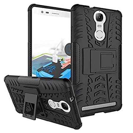 Qlez Heavy Duty Drop Test Pass Dual Layer Hard Rugged Bumper Back Media View Kickstand Cover for Lenovo Vibe K5 Note - Black